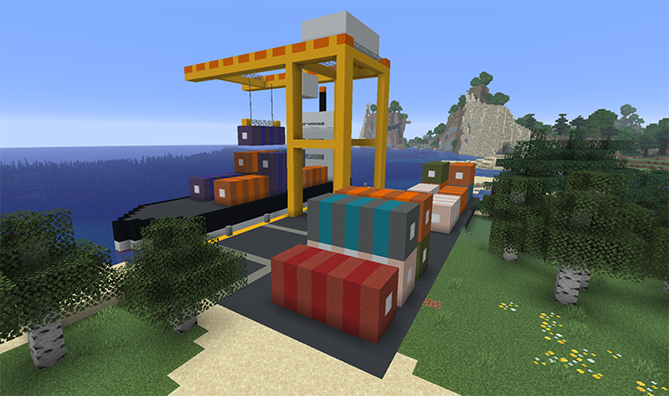 Container port with a yellow crane lifting a container off a container ship