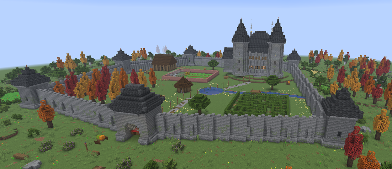 Minecraft castle courtyard with a hedge maze, trees, and a pond