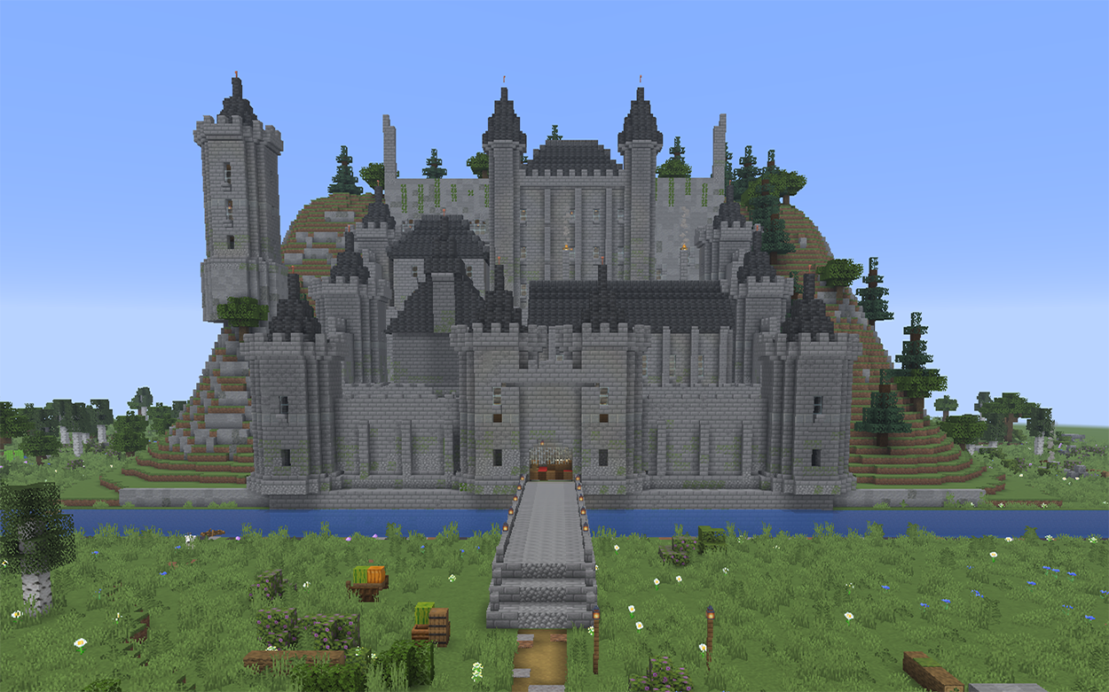Stone Minecraft castle inside the mountains