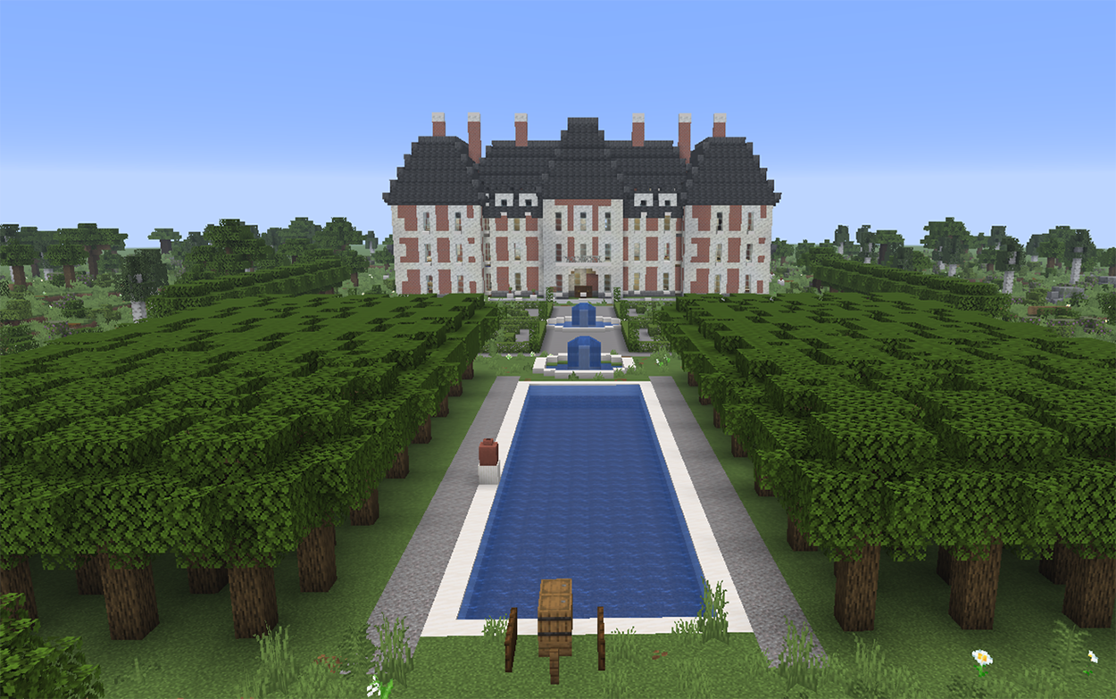 A French Minecraft castle with hedge gardens, fountains, and canal