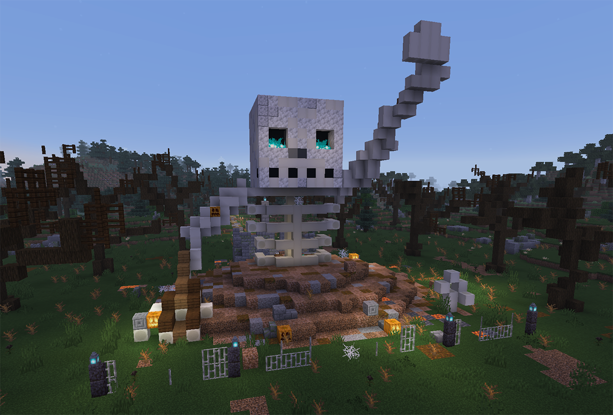 Giant skeleton statue in Minecraft climbing out of a dirt mound in front of a ruined crypt, with glowing cracks in the ground