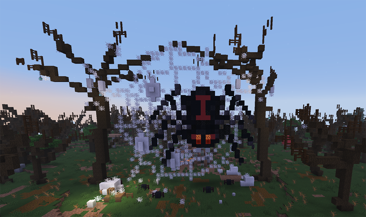 Giant spider statue in Minecraft on a huge cobweb strung between two dead trees, with cocoons and a spider lair behind