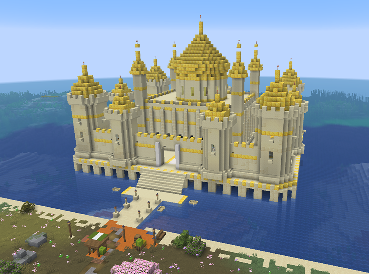 Golden castle on the water in Minecraft with domes