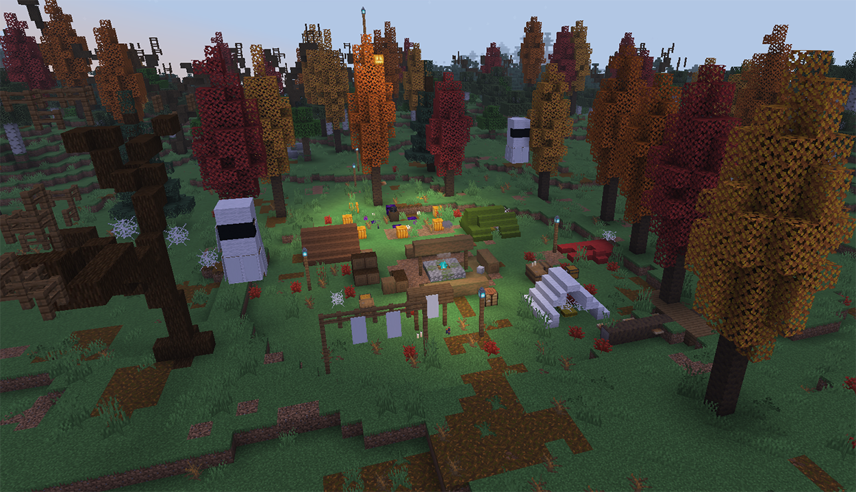 Abandoned campsite in Minecraft with torn wool tents, a blue soul campfire, a banner ghost, and red, orange, and yellow poplar trees