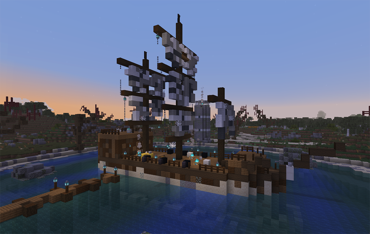 Ghost ship in Minecraft with torn gray sails, a snapped mast, and soul lanterns, with a ruined dock and lighthouse on the shore