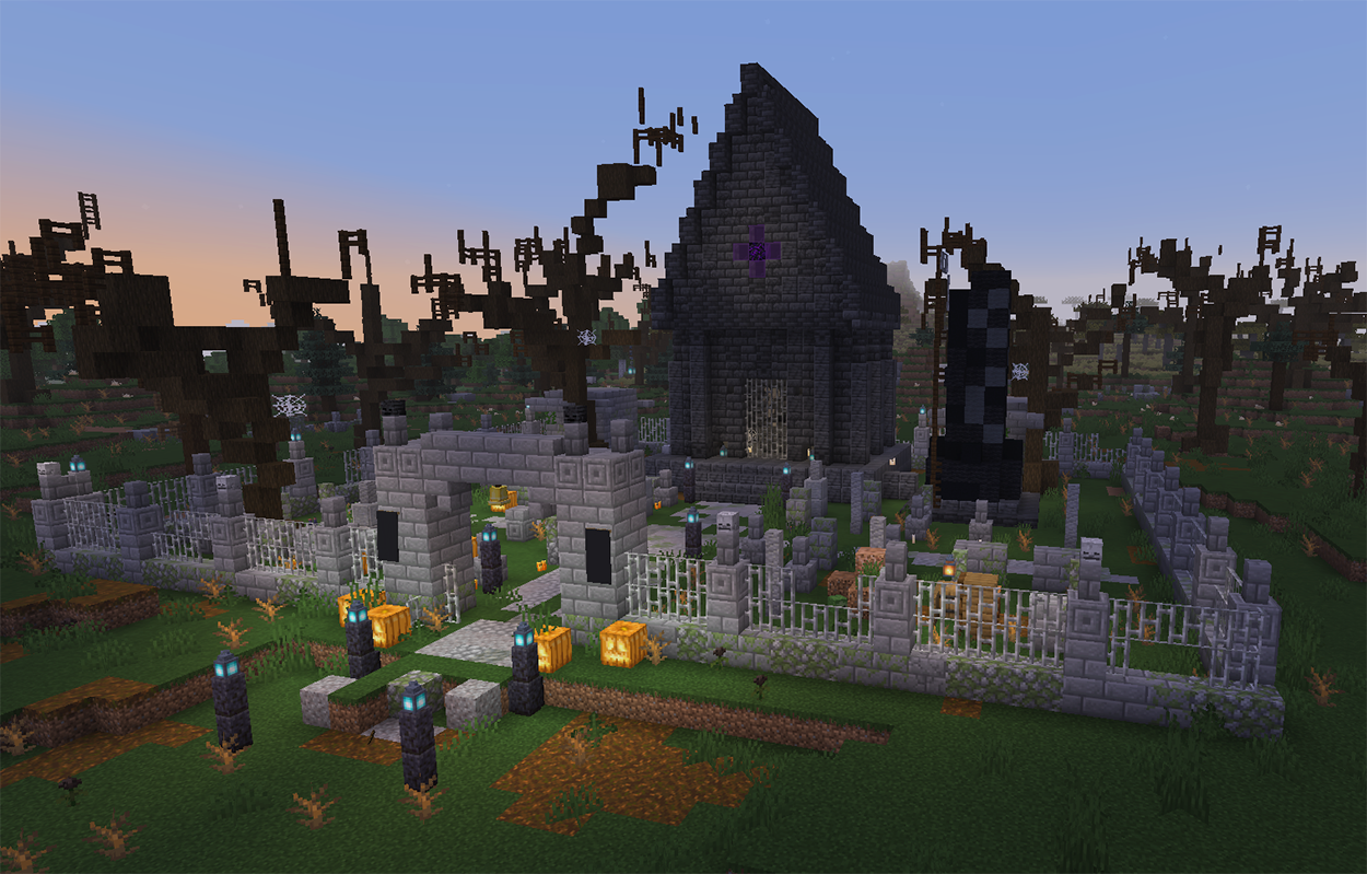 Minecraft graveyard with gravestones, grim reaper statue, and dead trees