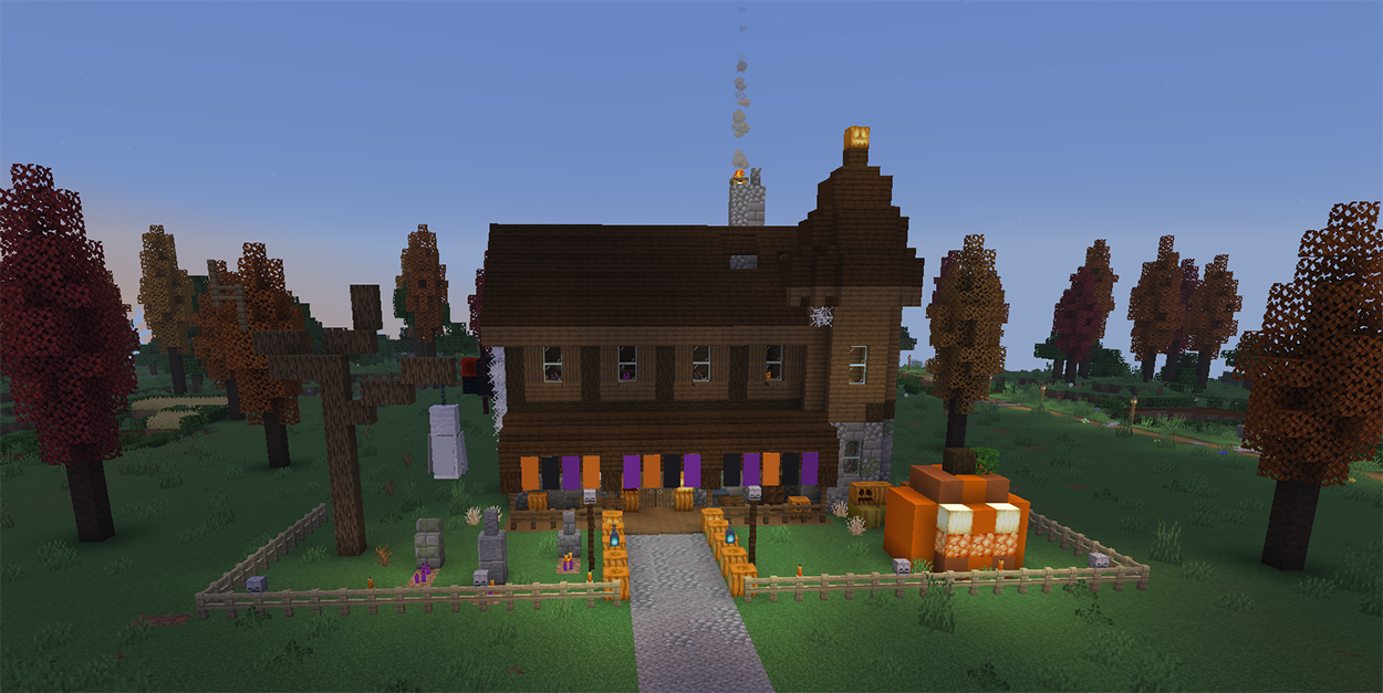 Minecraft cottage decorated for Halloween with a jack o'lantern path, spider web on the wall, and ghost hanging from a tree