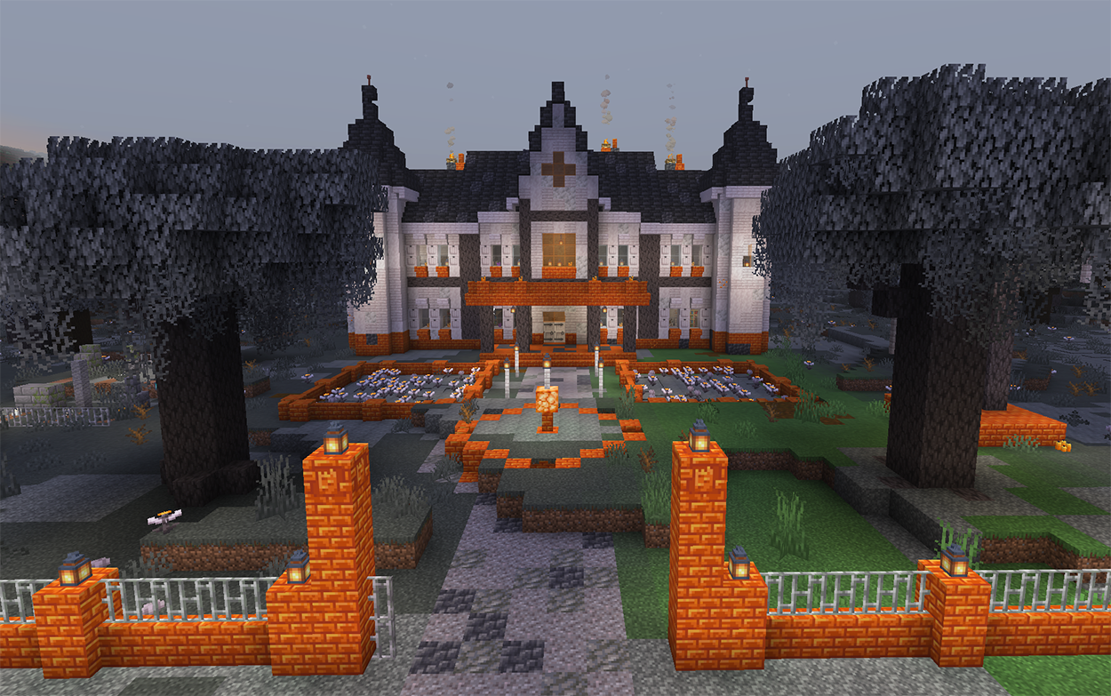 Pale oak manor in Minecraft with orange resin brick, dark roof, and a fountain