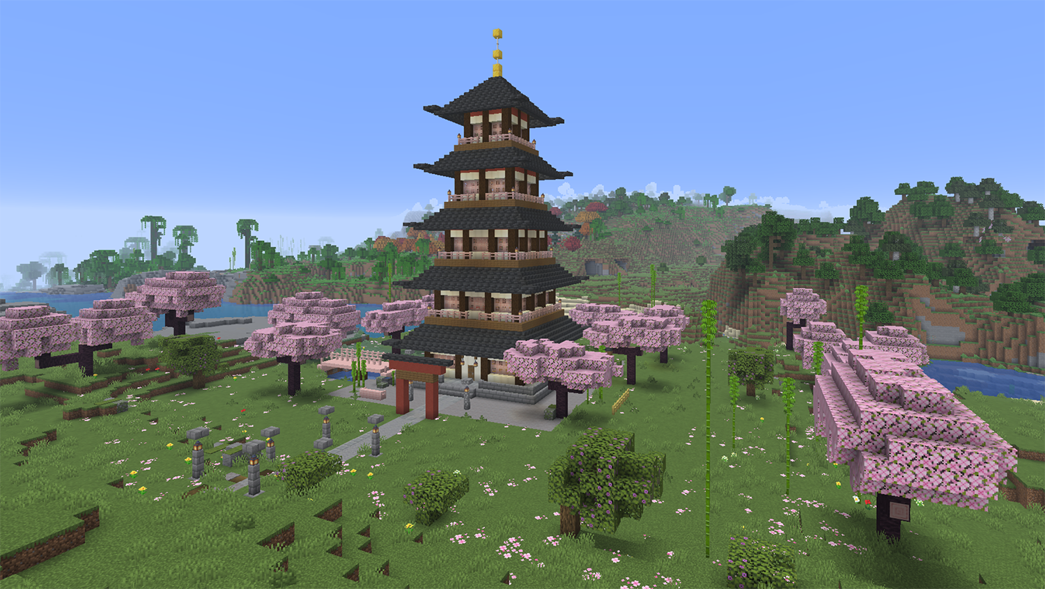Five tier Asian pagoda in Minecraft with flared dark roofs, red beams, cherry wood balconies, and gold spire, surrounded by cherry trees with an arched bridge over a koi pond