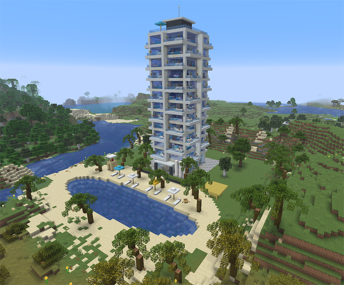 Tall modern Minecraft apartment tower with blue stained glass, furnished balconies that alternate sides on every floor, a roof deck with a hot tub, and a beach with palm trees and tiki bar