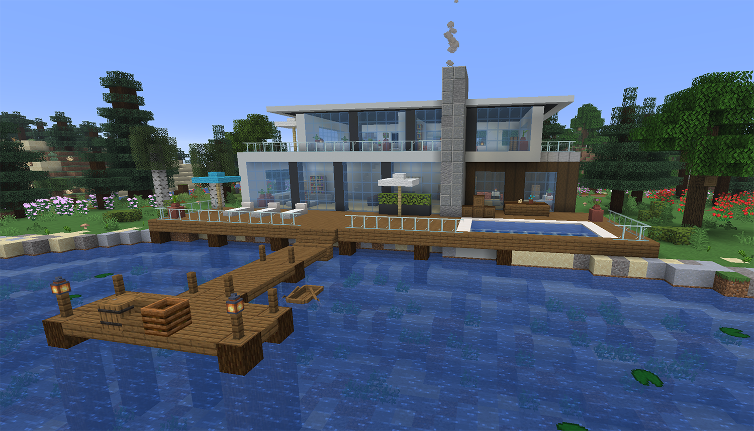 Modern Minecraft villa on a lake with floor to ceiling glass, dock over the water, infinity pool, and spruce forest