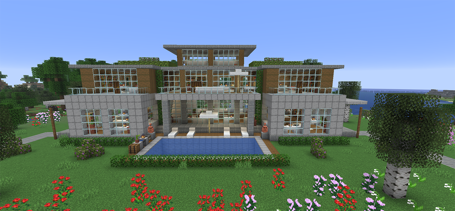 Large modern Minecraft mansion made of smooth stone, spruce, and glass with a front pool, overhead balcony, side entrances, and roof gardens