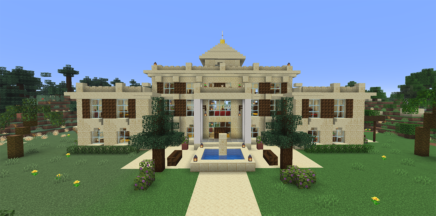 Three story sandstone mansion in Minecraft with a balcony, rooftop patio, and a fountain courtyard
