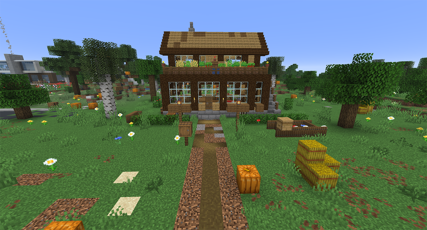 Simple wood frame Minecraft house with a stone brick basement, glass ground floor, crops growing on the second floor balcony, outside staircase, and a beehive by the flower bed
