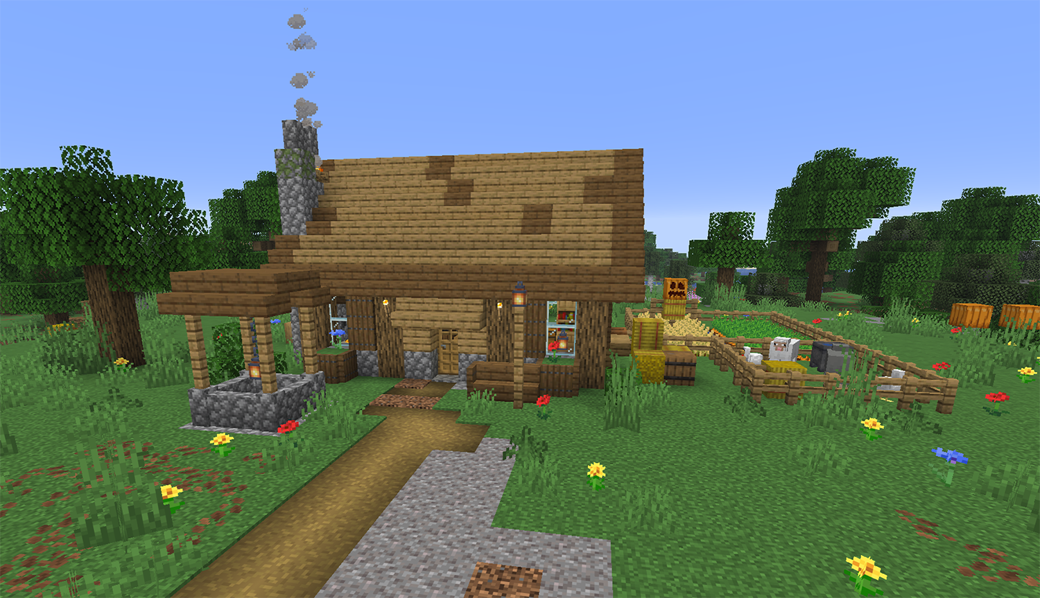 Simple medieval Minecraft starter house made of cobblestone and oak logs with trapdoor shutters, chimney, well, sheep pen, and fenced wheat farm