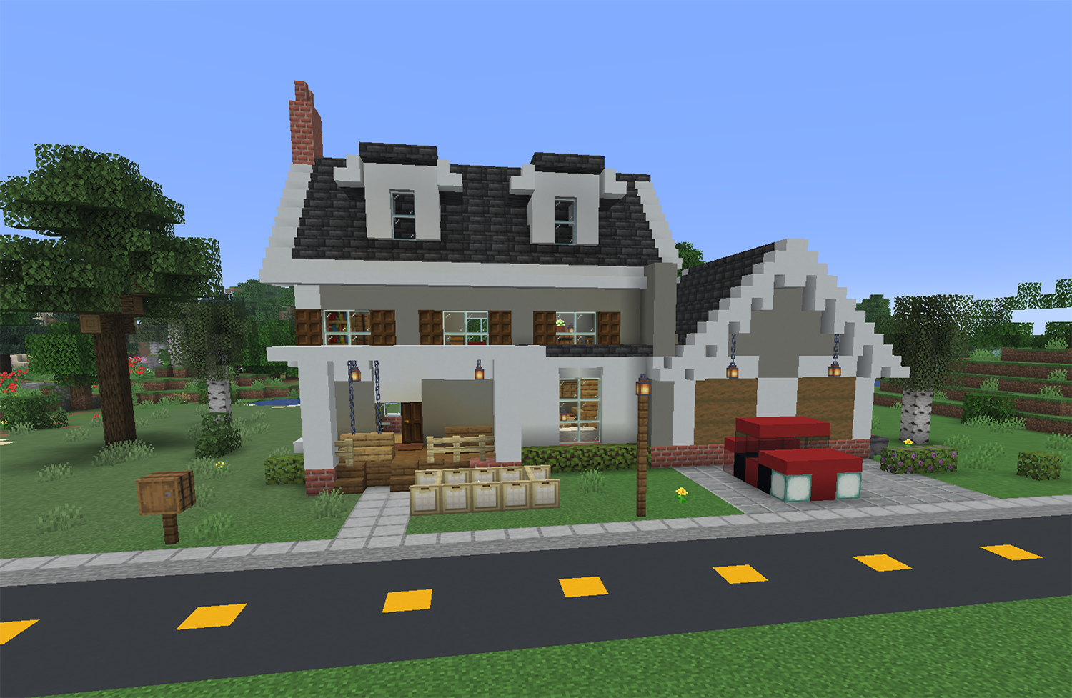 Two story suburban Minecraft house with a front porch, brick chimney, attached garage, red block car on the driveway, and a street