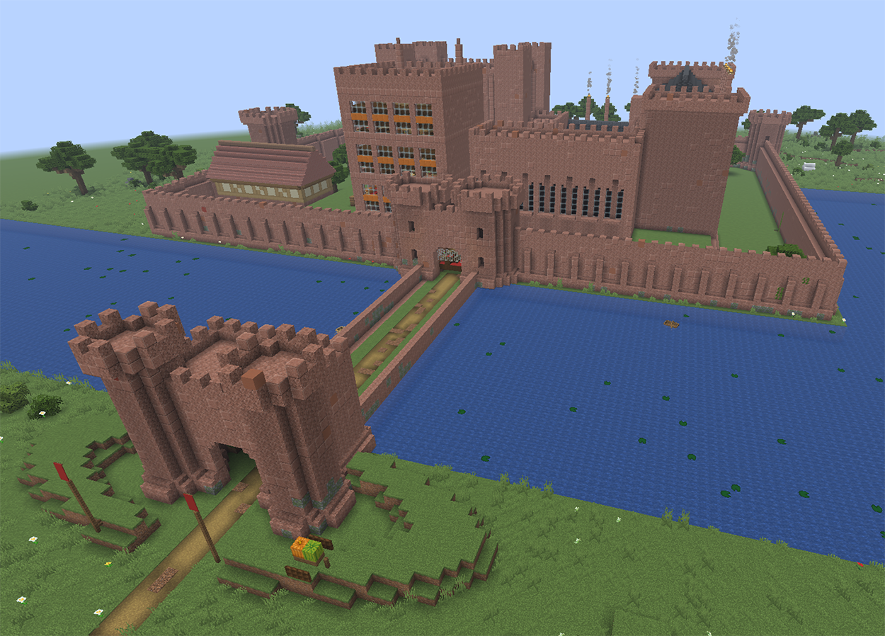 Kenilworth Castle built in Minecraft beside a lake