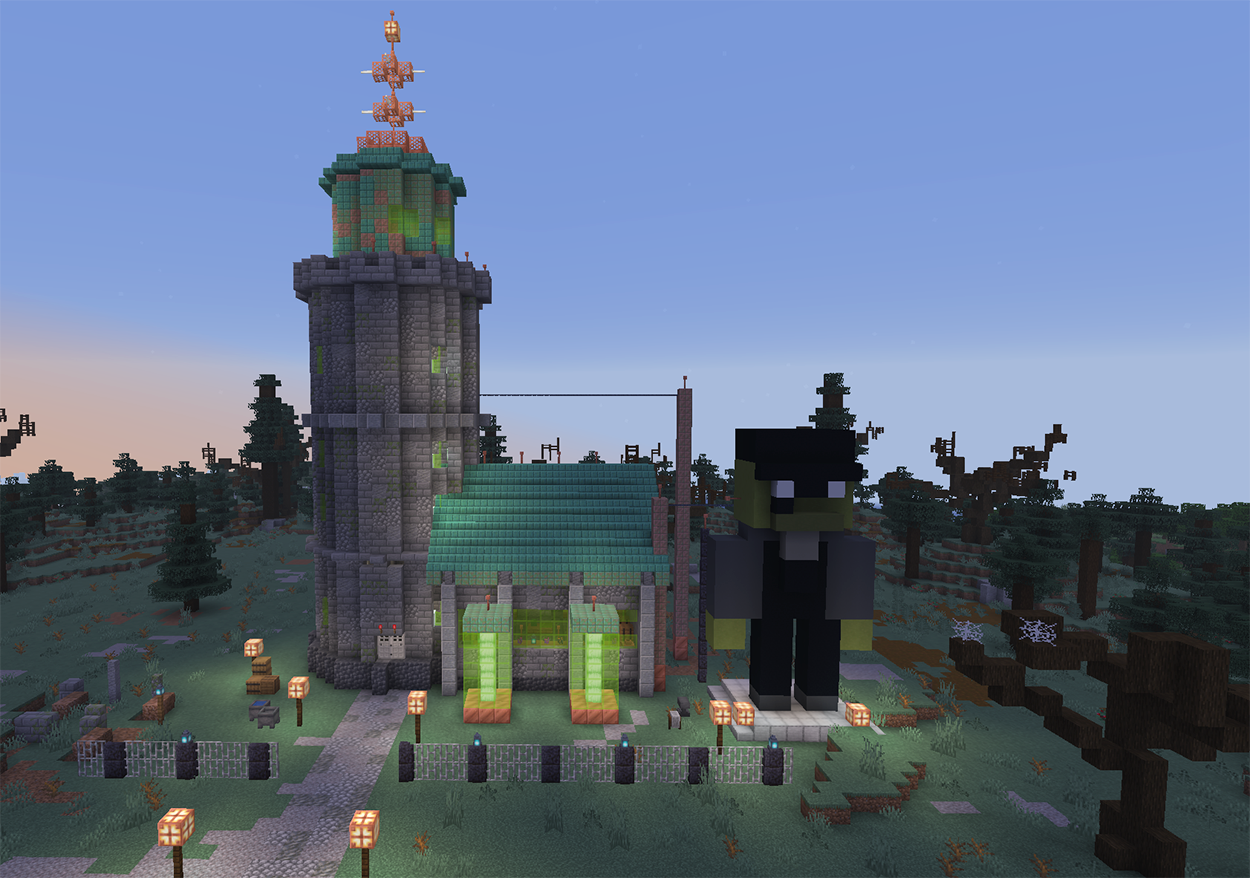 Stone mad scientist tower in Minecraft with a tesla coil made of lightning rods, a copper lab, and a giant Frankenstein statue