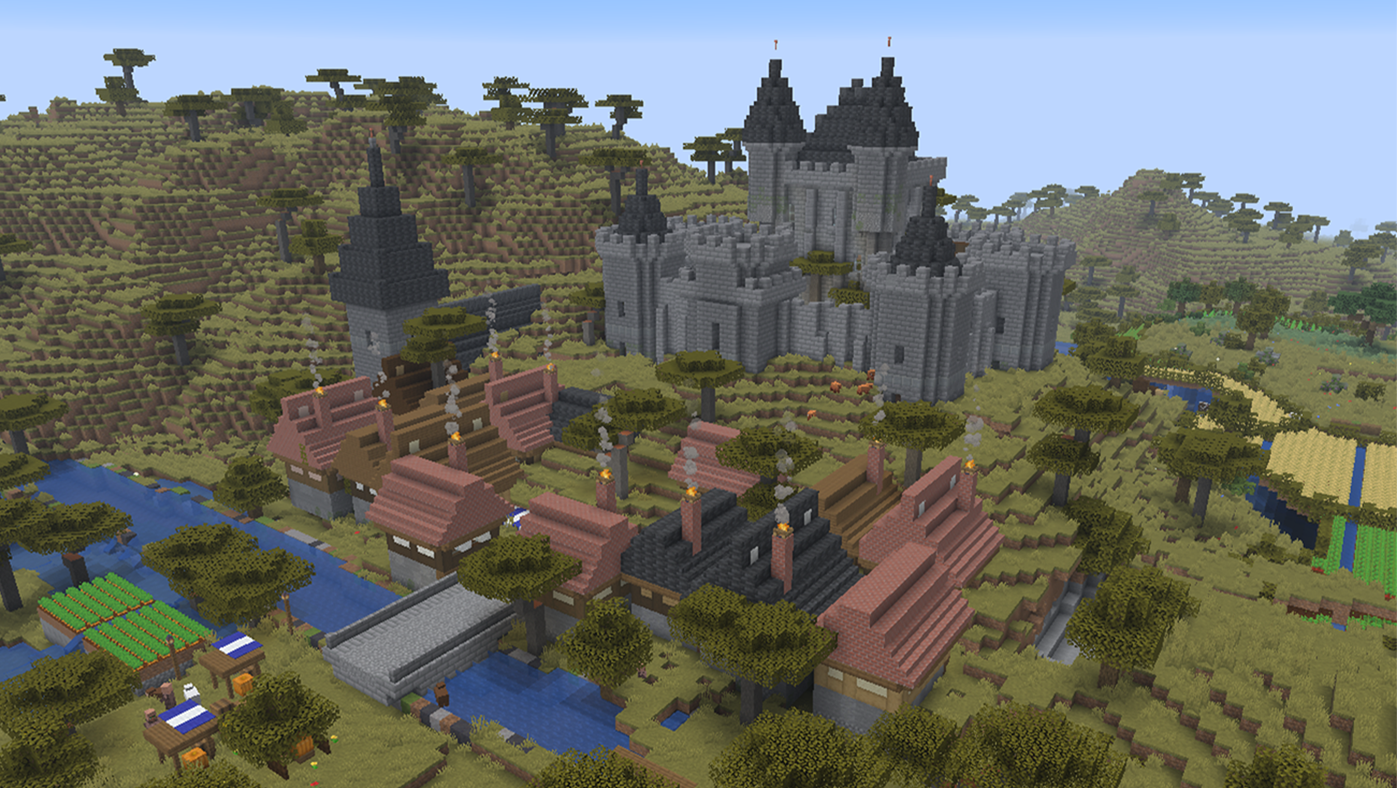 Stone Minecraft castle on a hill above a town of wooden buildings and a river bridge