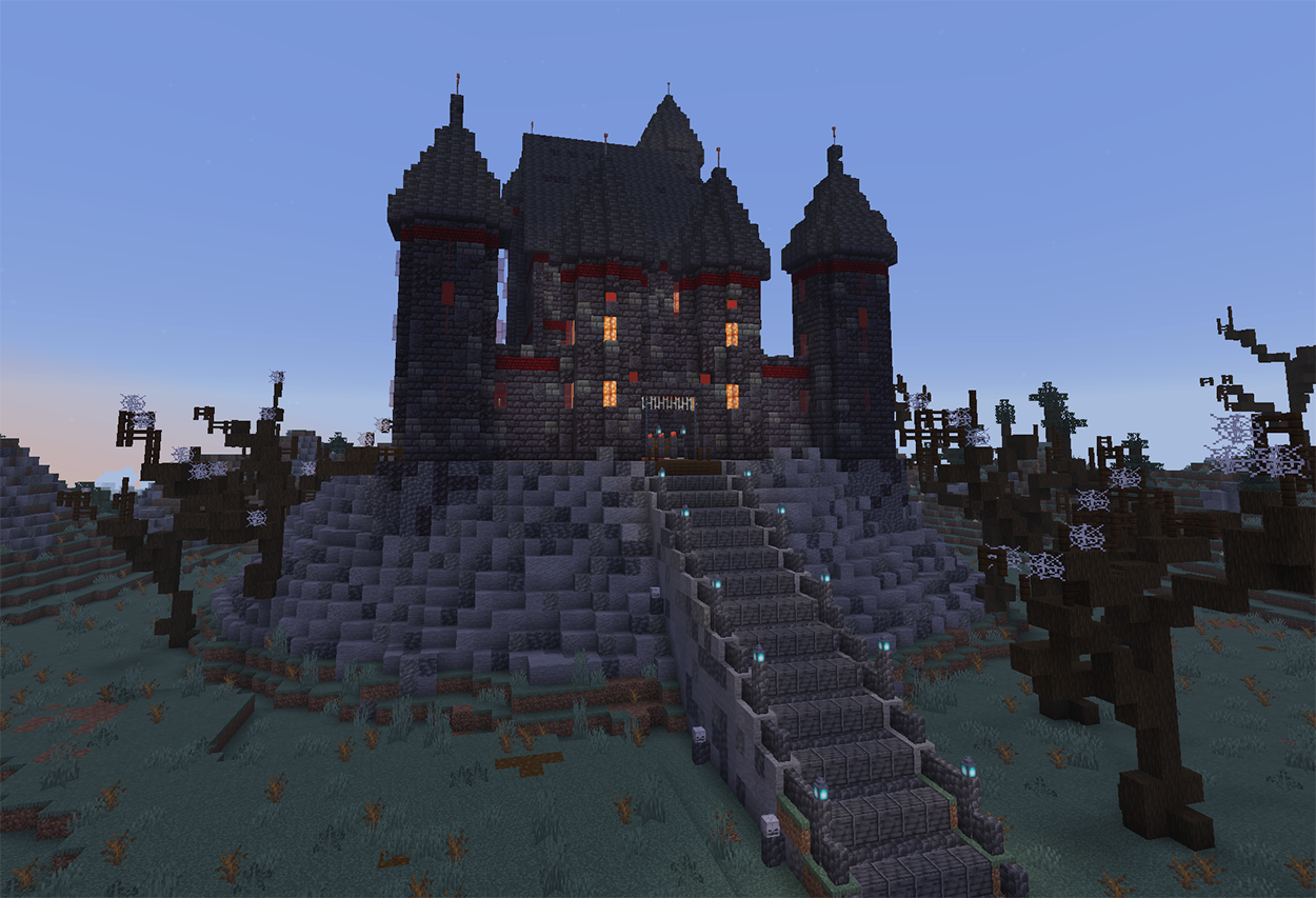 Black vampire castle in Minecraft on a cliff with tall towers, red windows, and stairs leading up to a bridge