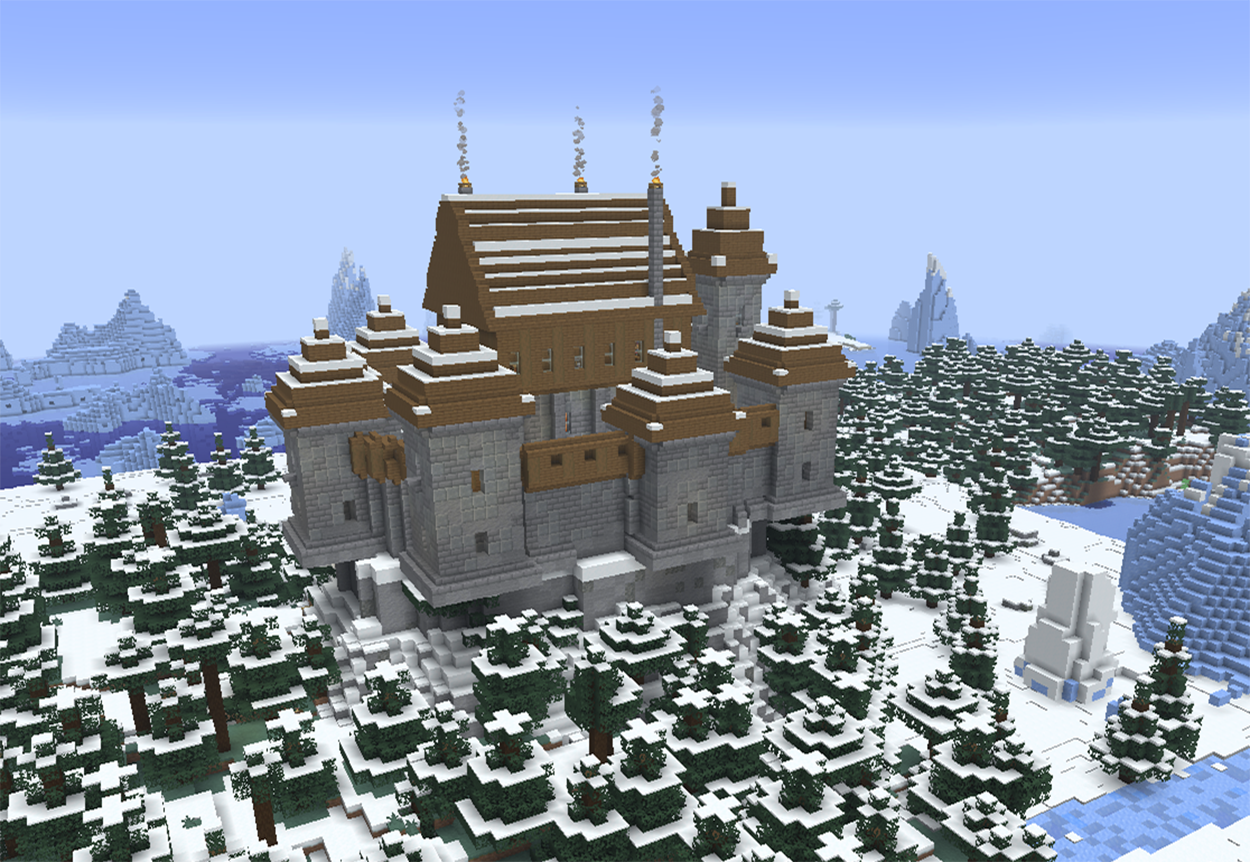 Stone Minecraft castle with snowy wooden roofs near frozen water