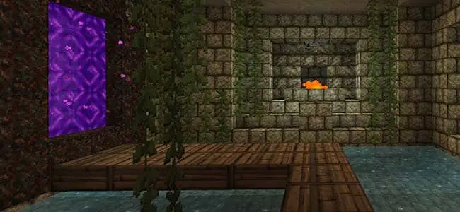 Cozy Minecraft nether portal room with wood and lanterns