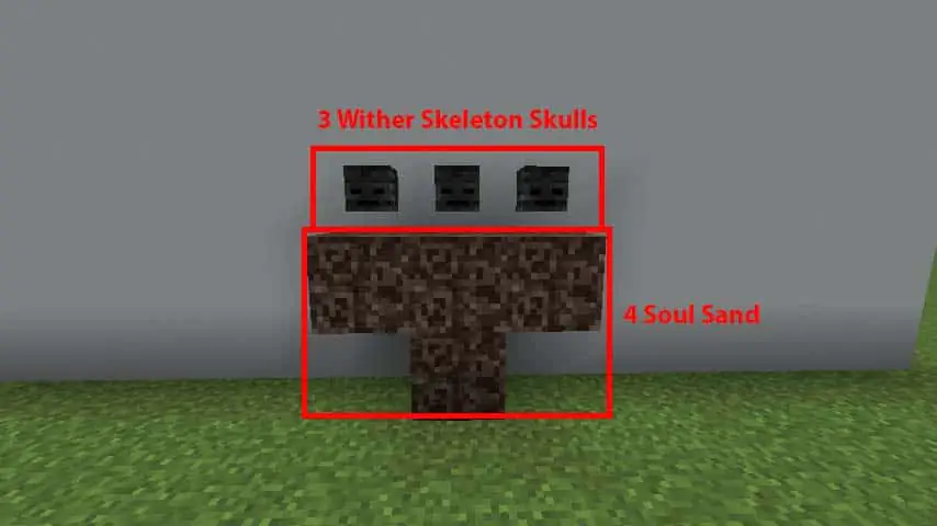 Minecraft wither spawn arrangement with four soul sand in a T shape and three wither skeleton skulls on top