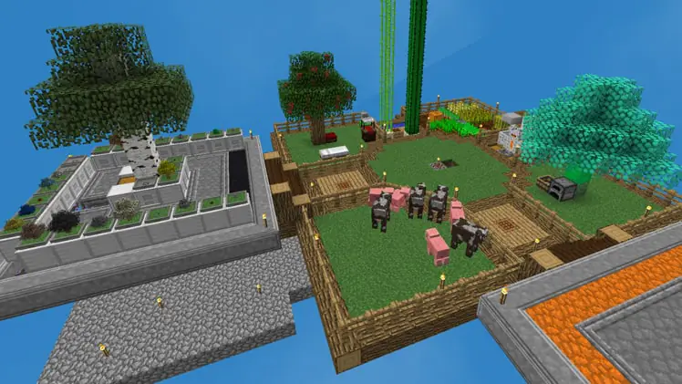 A SkyFactory 4 island base built in the sky with trees and machines