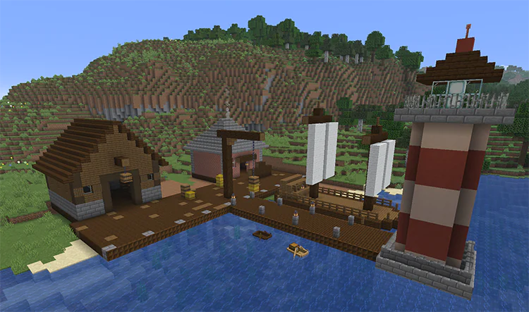 Minecraft harbor with a wooden platform, two warehouses, a log crane, a moored sailing ship and a red and white lighthouse