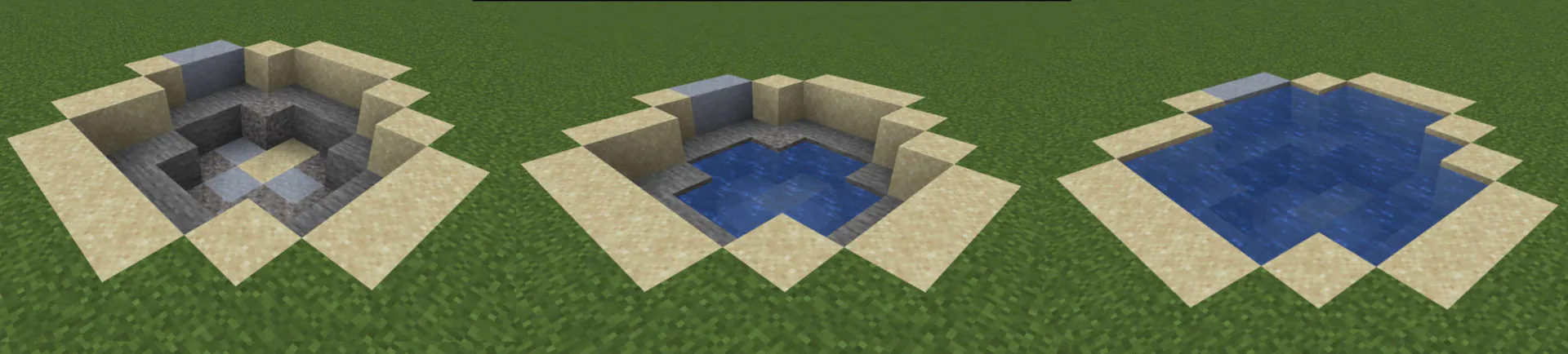 Steps for building a natural looking pond in Minecraft using sand, clay, stone and gravel