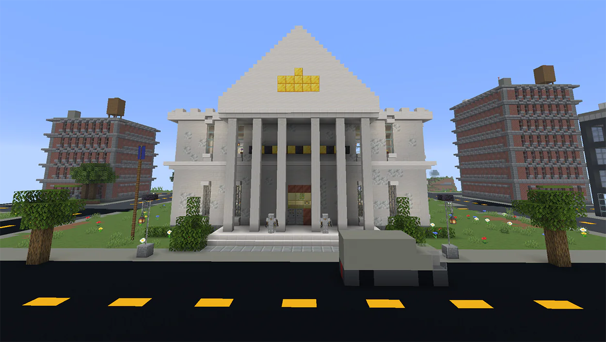 Minecraft bank with quartz columns and iron doors