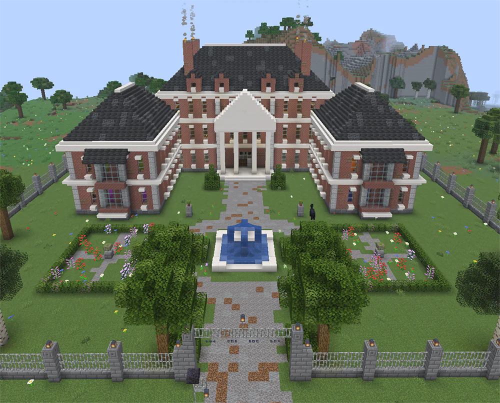 Minecraft brick mansion with a porch and fountain