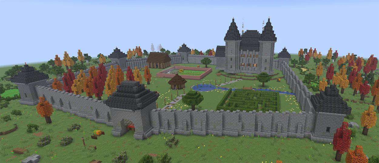 Minecraft castle courtyard with a hedge maze, trees, and a pond