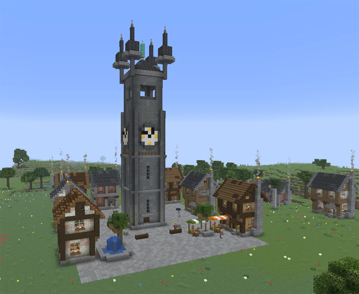 Minecraft stone clock tower with a bell above a town square