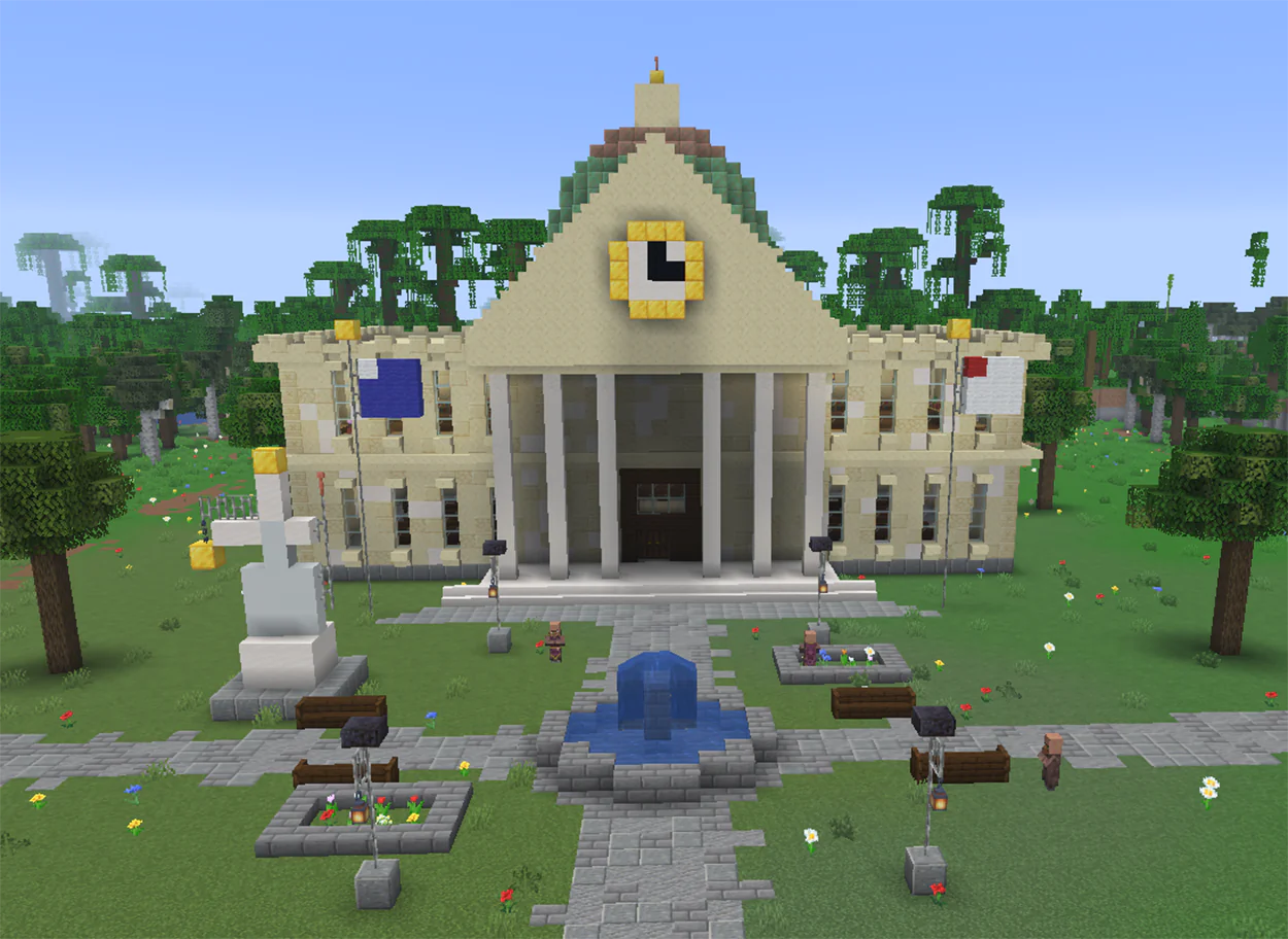 Minecraft sandstone courthouse with quartz columns, a copper dome and a clock