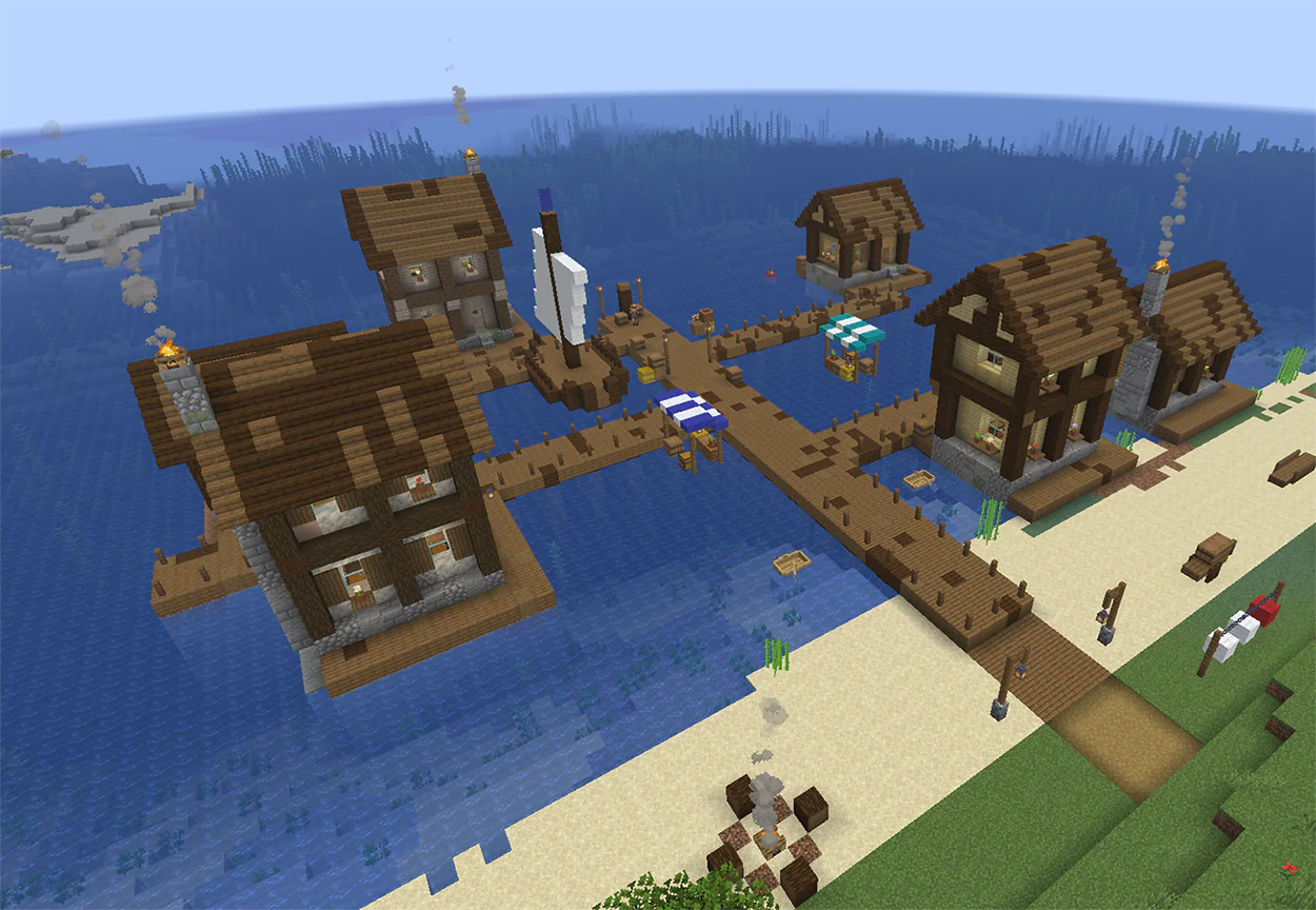 Minecraft water village with houses connected by wooden docks and boats