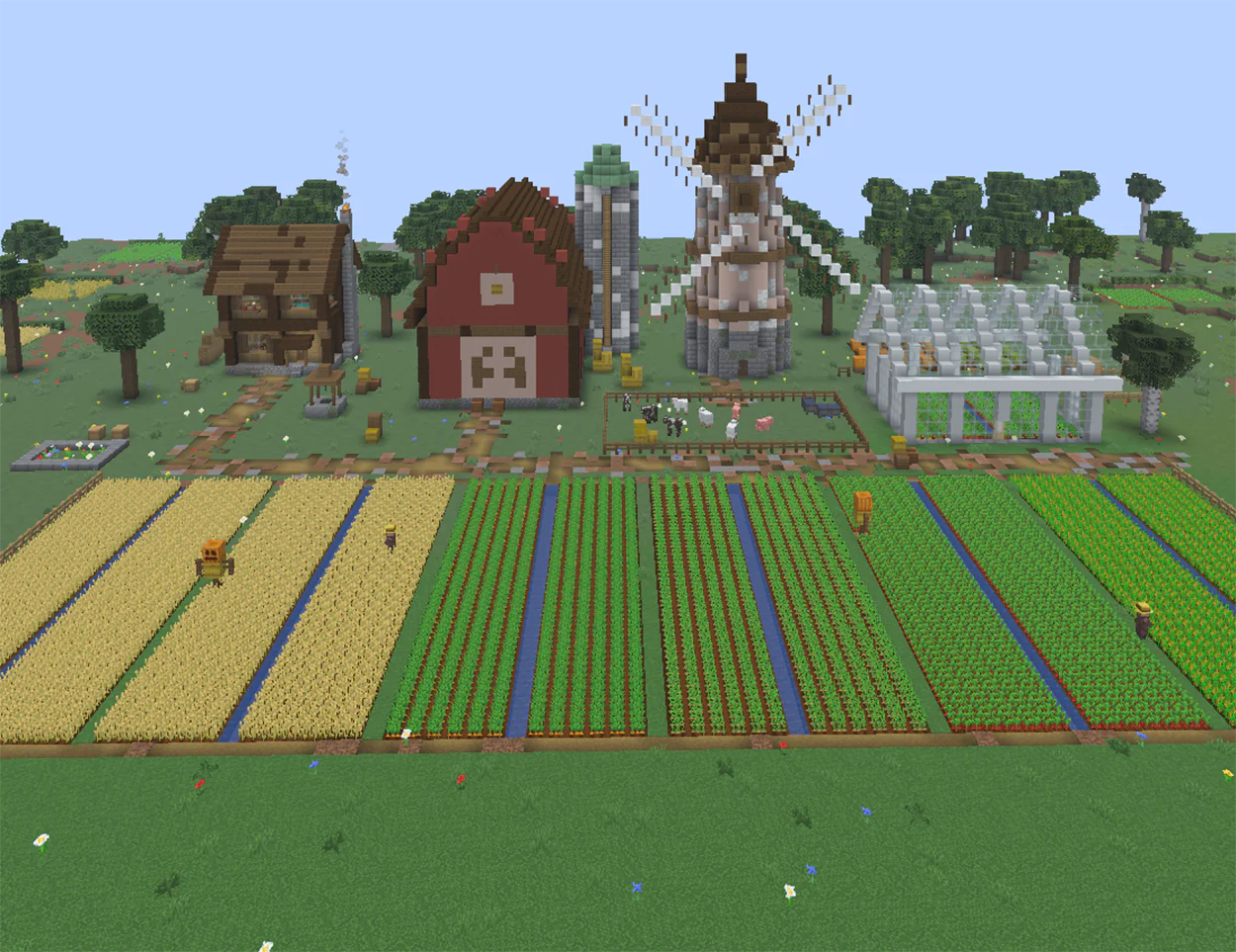 Minecraft farm with a red barn, stone windmill, crop fields and a glass greenhouse