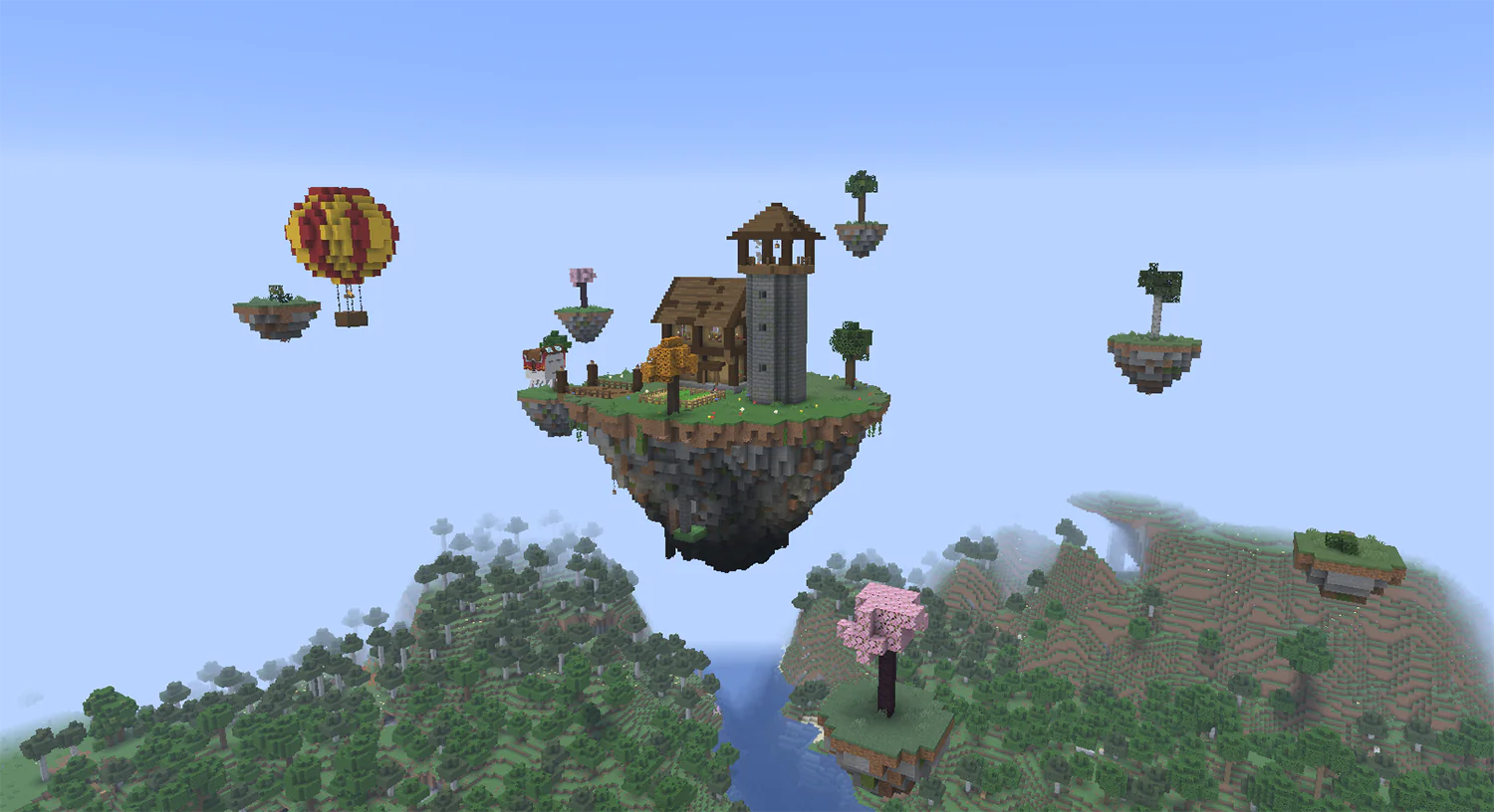 Minecraft floating island base with a cabin, lookout tower and a harnessed happy ghast
