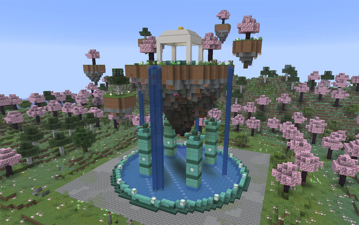 Floating island fountain in Minecraft with waterfalls pouring into a basin