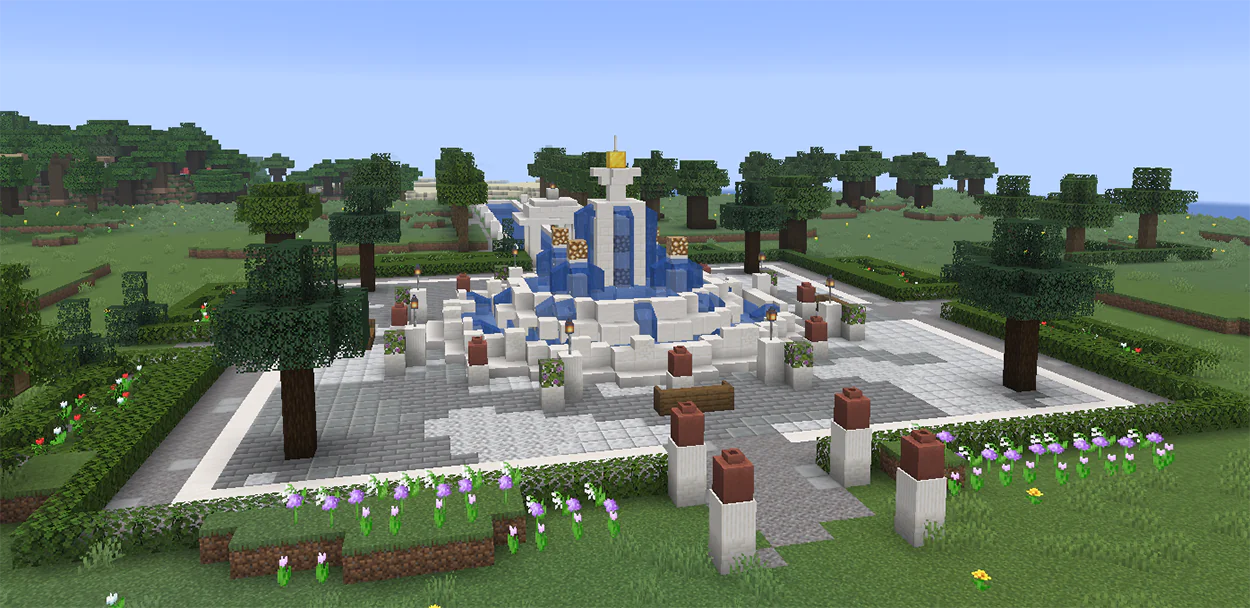 Large quartz fountain in Minecraft with three round tiers