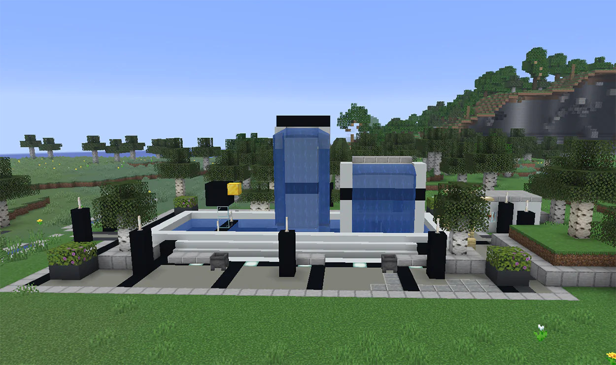 Modern Minecraft fountain with a white concrete pool and a water wall