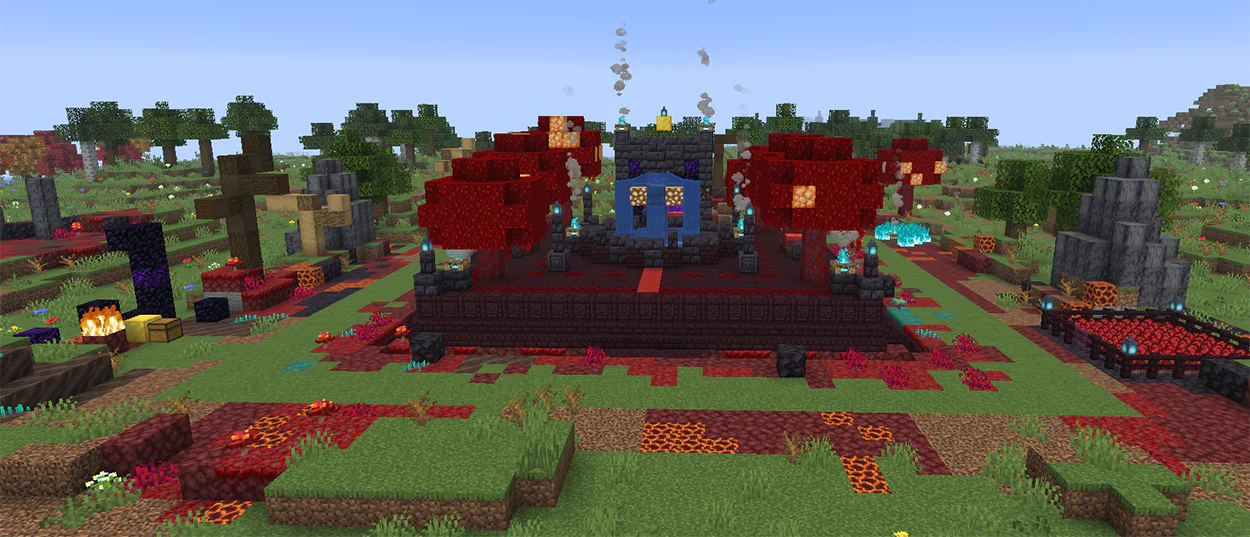 Nether themed Minecraft fountain on a nether brick platform with a portal