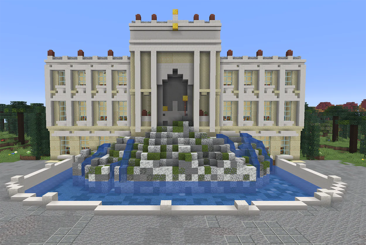Trevi fountain style palace fountain in Minecraft with a statue and rocks