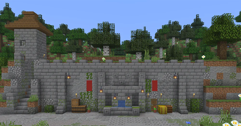 Small stone fountain in Minecraft built into a castle wall