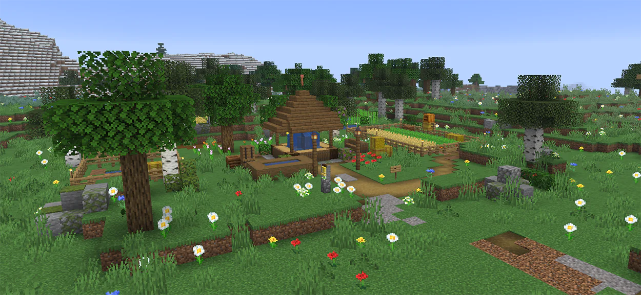 Small wooden Minecraft fountain with a roof and a lantern over the water