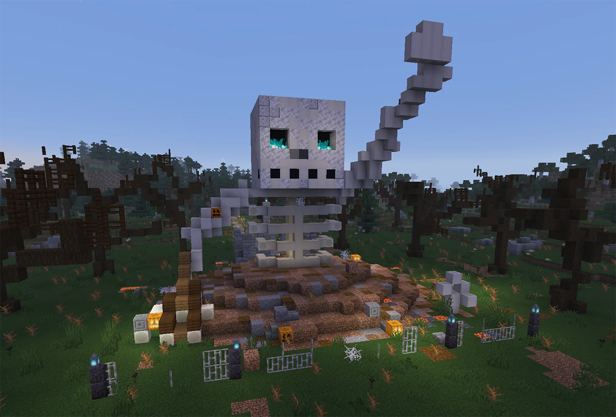 Giant skeleton statue in Minecraft climbing out of a dirt mound in front of a ruined crypt, with glowing cracks in the ground