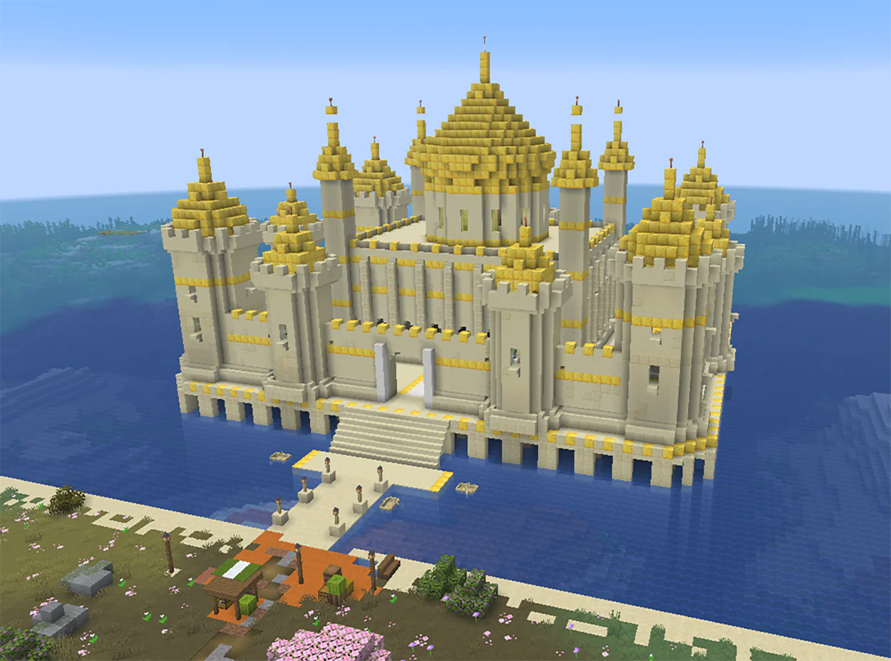 Golden castle on the water in Minecraft with domes