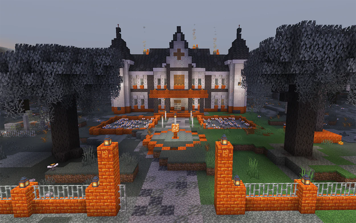 Pale oak manor in Minecraft with orange resin brick, dark roof, and a fountain