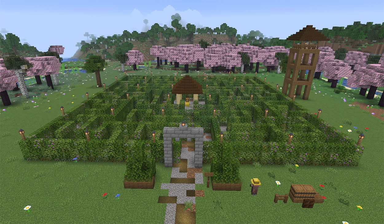 Minecraft hedge maze made from leaves with a gazebo and reward chest in the center