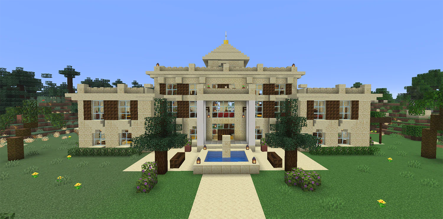 Three story sandstone mansion in Minecraft with a balcony, rooftop patio, and a fountain courtyard